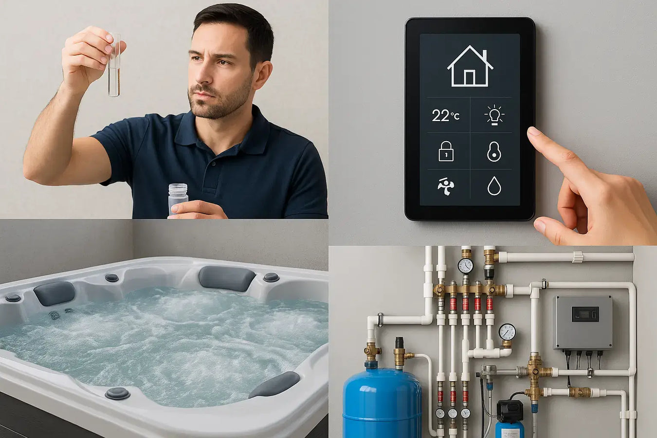 Collage di immagini che rappresentano analisi dell’acqua, domotica per piscine, impianti tecnici avanzati e spa: l’approccio completo di ChimicaBlu per un’esperienza moderna e sicura.