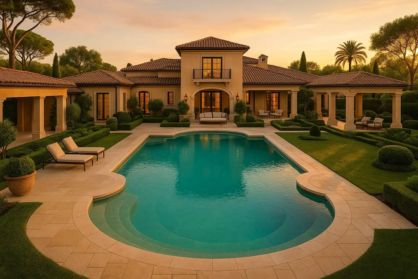 Villa di lusso con piscina al tramonto, simbolo dell’eccellenza e dello stile firmato ChimicaBlu nel mondo del benessere outdoor.