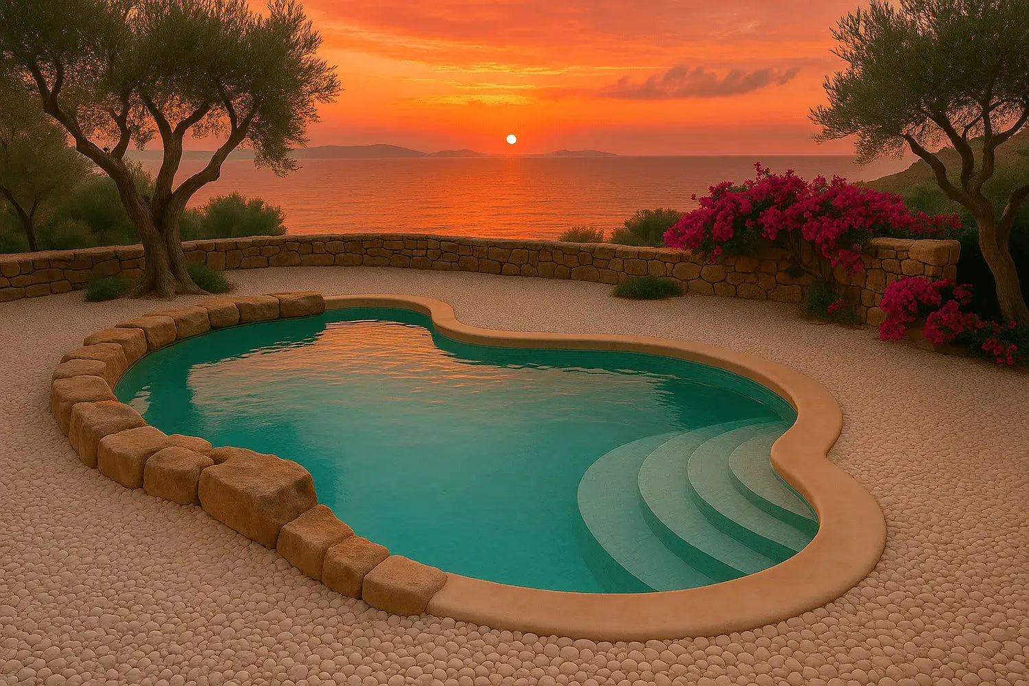 Piscina interrata con bordo in pietra naturale e vista sul mare al tramonto, circondata da ulivi e bouganville: il perfetto connubio tra natura e design firmato ChimicaBlu.