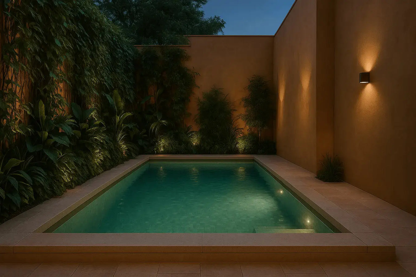 Piscina urbana moderna in un cortile riservato, circondata da pareti color terracotta e vegetazione tropicale, illuminata con luce soffusa per un’atmosfera esclusiva e rilassante. Design firmato ChimicaBlu.