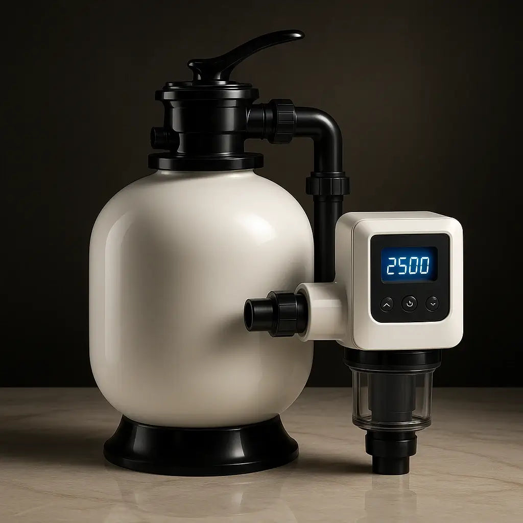 Sistema di filtrazione digitale per piscina con display LCD, ideale per un'acqua sempre pulita e trattata professionalmente con i prodotti ChimicaBlu.