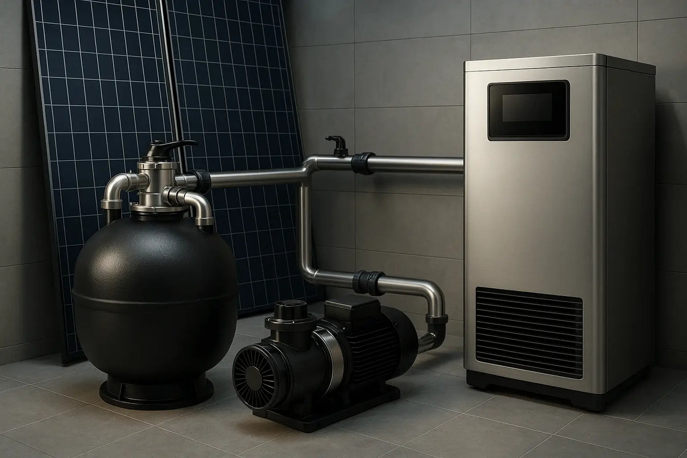 Impianto tecnico completo per piscina con pompa, filtro a sabbia e pompa di calore alimentata da pannelli solari, proposto da ChimicaBlu per soluzioni sostenibili ed efficienti.