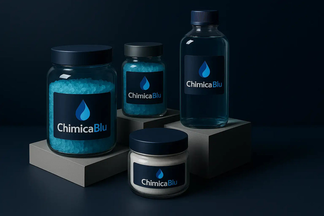 Linea di prodotti ChimicaBlu con packaging moderno e professionale, simbolo di qualità e affidabilità per il trattamento dell’acqua di piscina.