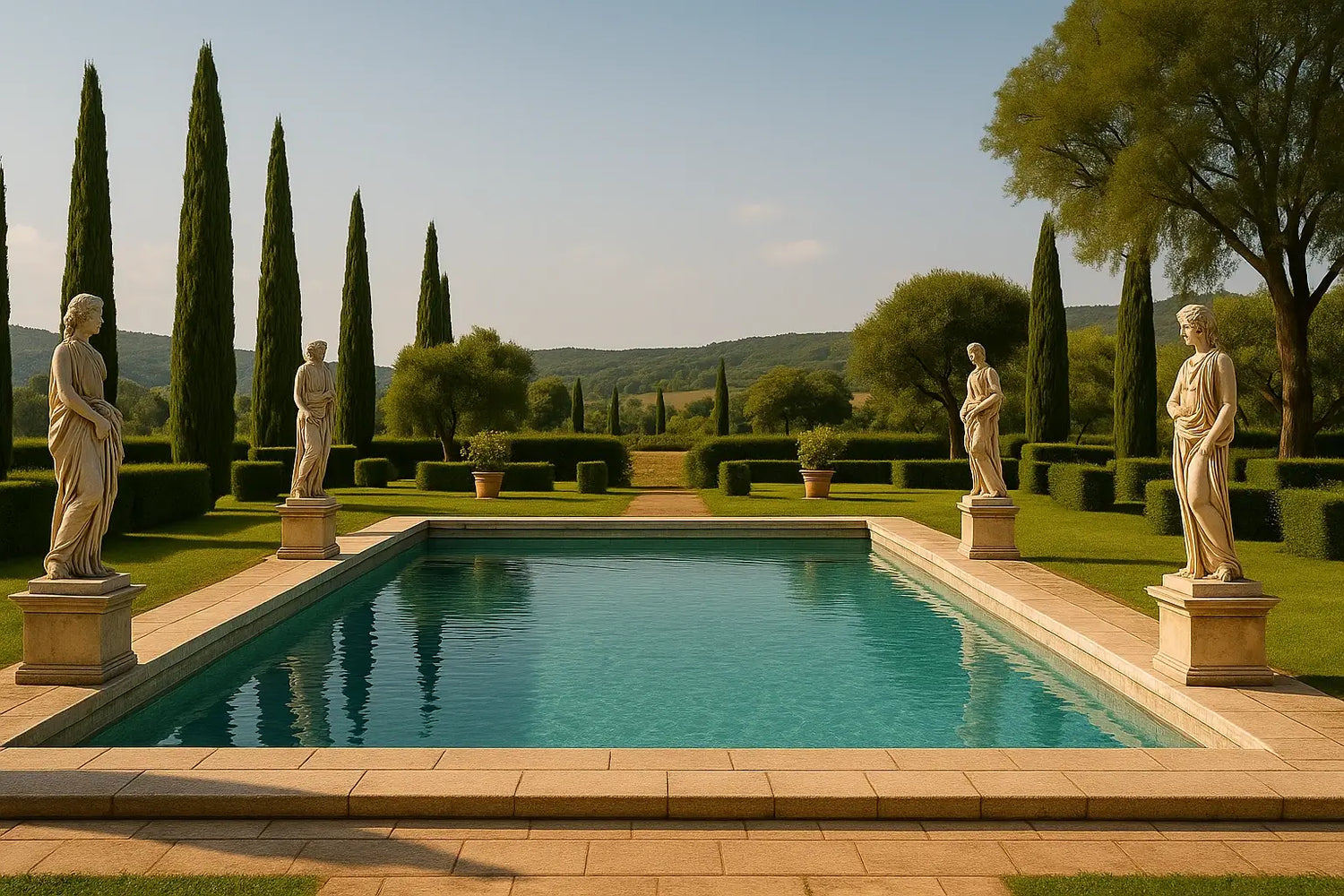 Piscina rettangolare elegante circondata da statue classiche e cipressi in un giardino all’italiana, simbolo del lusso e della raffinatezza delle soluzioni ChimicaBlu.