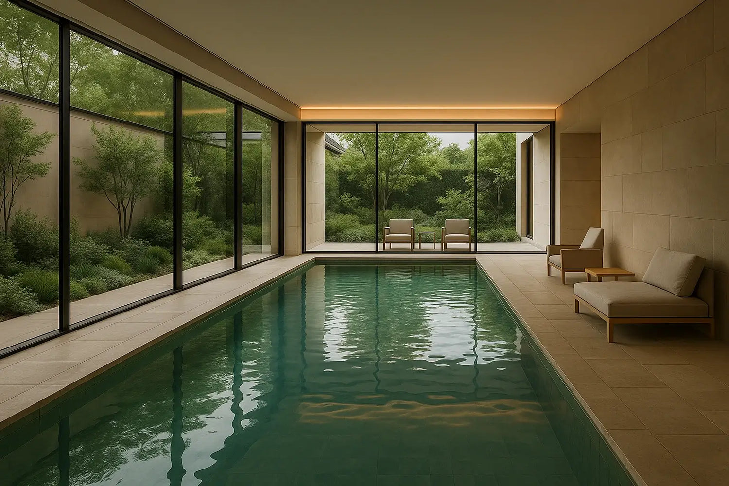 Piscina coperta elegante con pareti vetrate e vista su giardino verde, ideale per ambienti wellness esclusivi firmati ChimicaBlu.