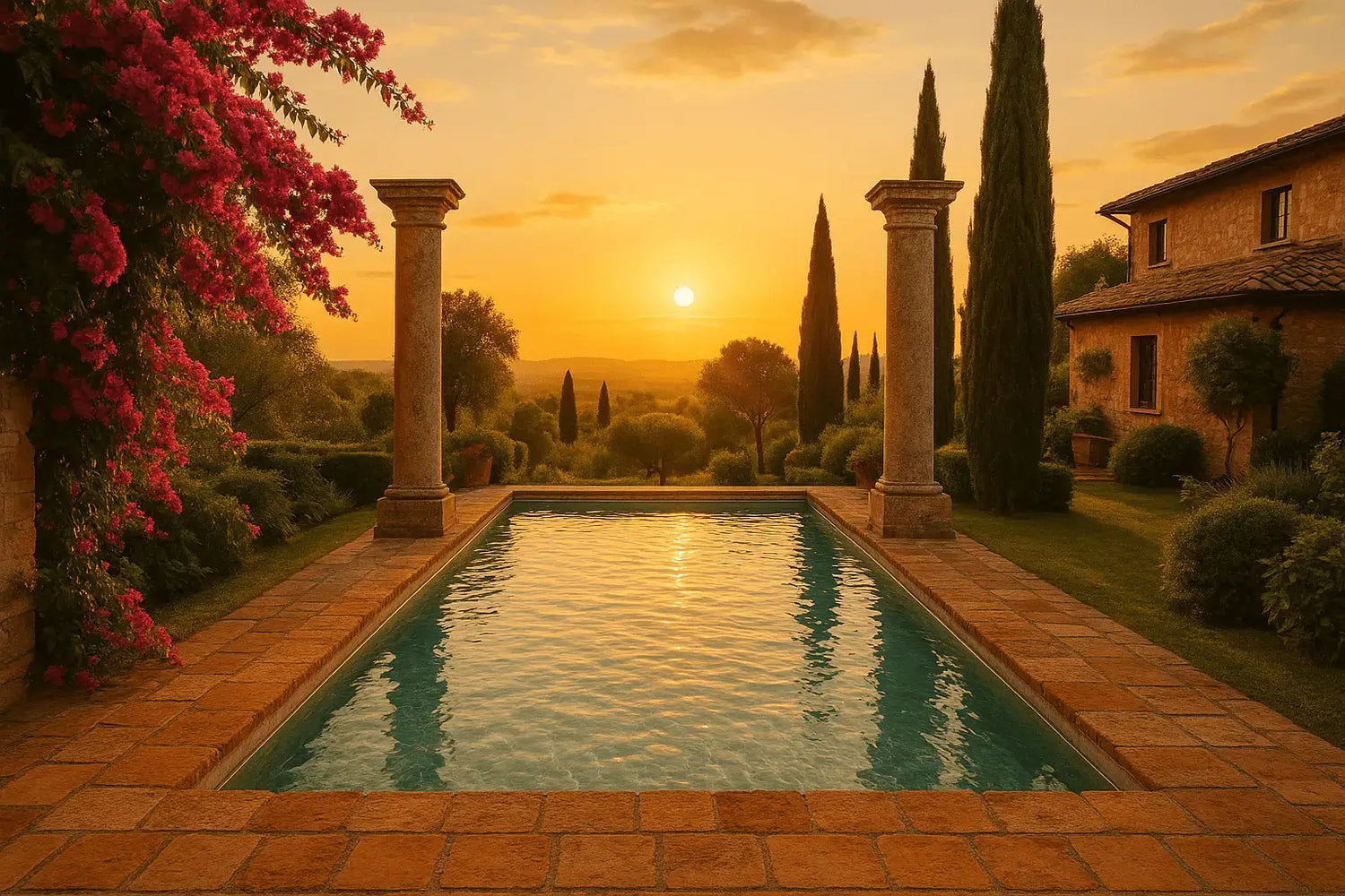 Piscina con vista panoramica immersa nel paesaggio collinare toscano al tramonto, tra cipressi, colonne in pietra e bouganville in fiore. Un'eleganza rustica firmata ChimicaBlu.

