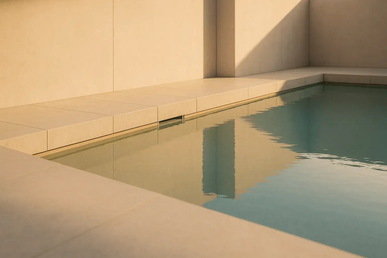 Dettaglio di piscina moderna con bordo a skimmer nascosto e finiture in ceramica beige. Il design minimale esalta l’estetica pulita e l’integrazione architettonica, perfetto per ambienti contemporanei ed eleganti.

