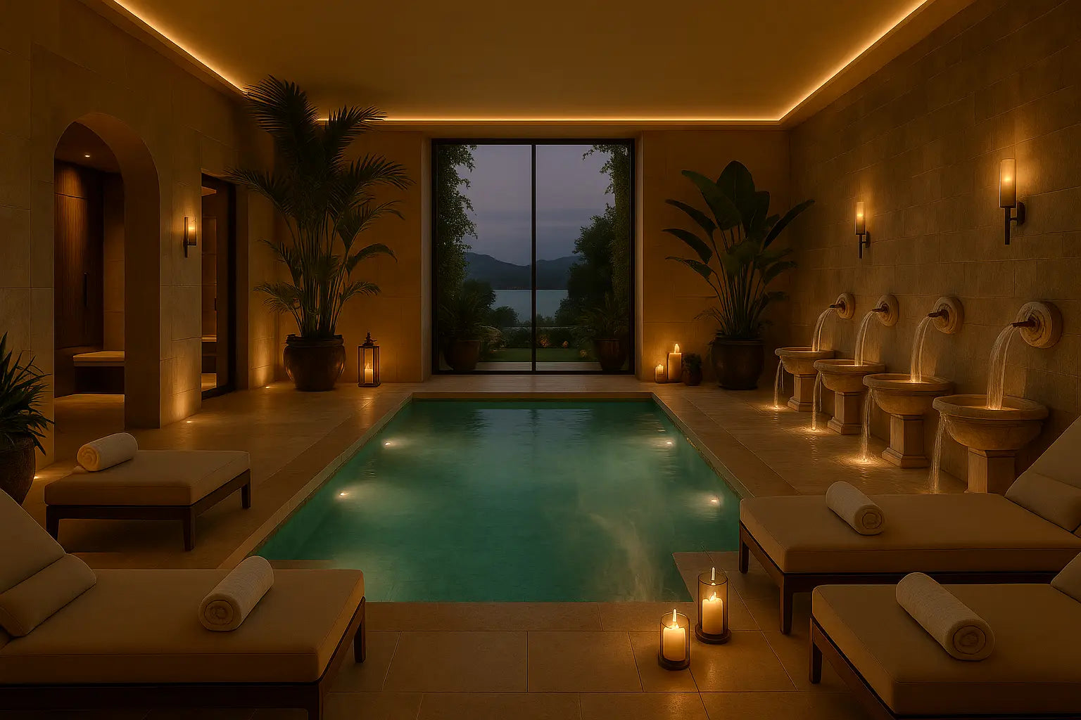 Centro benessere esclusivo con piscina interna riscaldata, illuminazione soffusa e giochi d’acqua, ideale per il relax totale con trattamenti ChimicaBlu per spa professionali.

