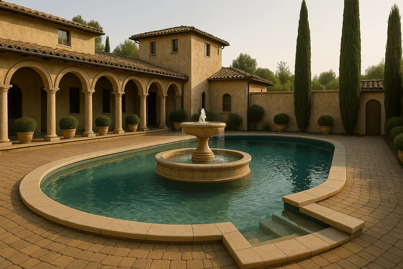 Piscina elegante con fontana centrale in un cortile d’ispirazione toscana, circondata da cipressi e colonne classiche: una perfetta fusione tra architettura storica e benessere contemporaneo, firmata ChimicaBlu.