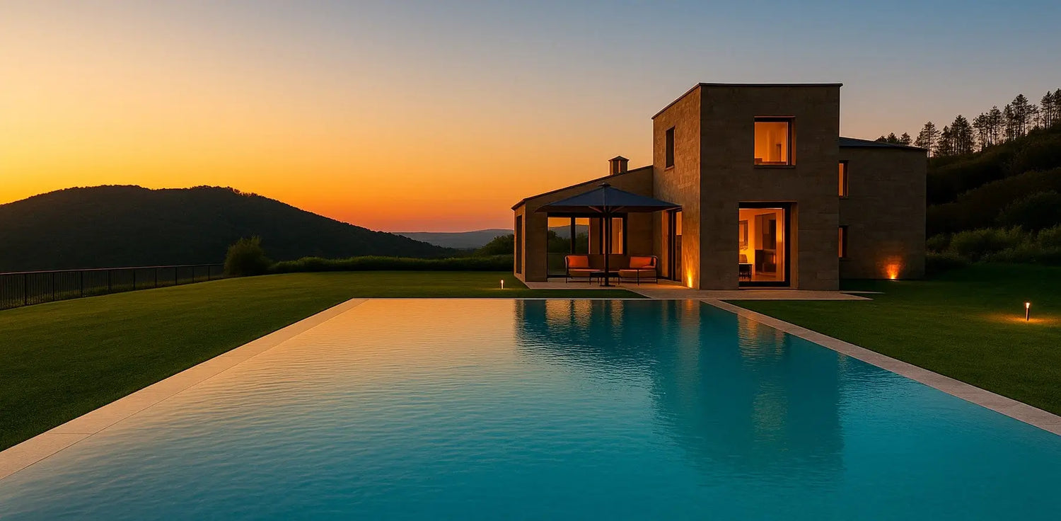 Piscina a sfioro illuminata al tramonto accanto a una villa moderna immersa nel verde, simbolo dell’eccellenza e del benessere firmato ChimicaBlu.